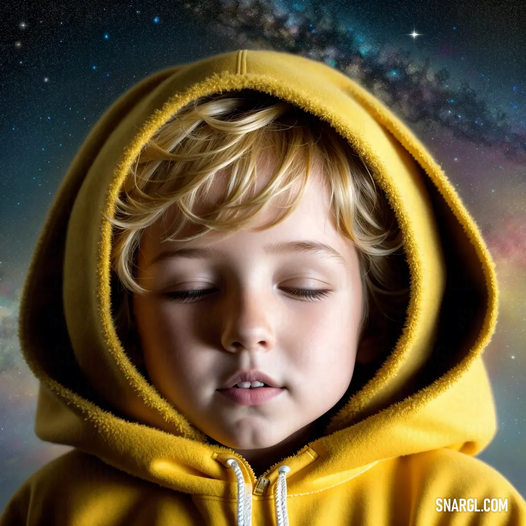Young boy in a yellow hoodie with his eyes closed and his eyes closed. Color Lemon Yellow.