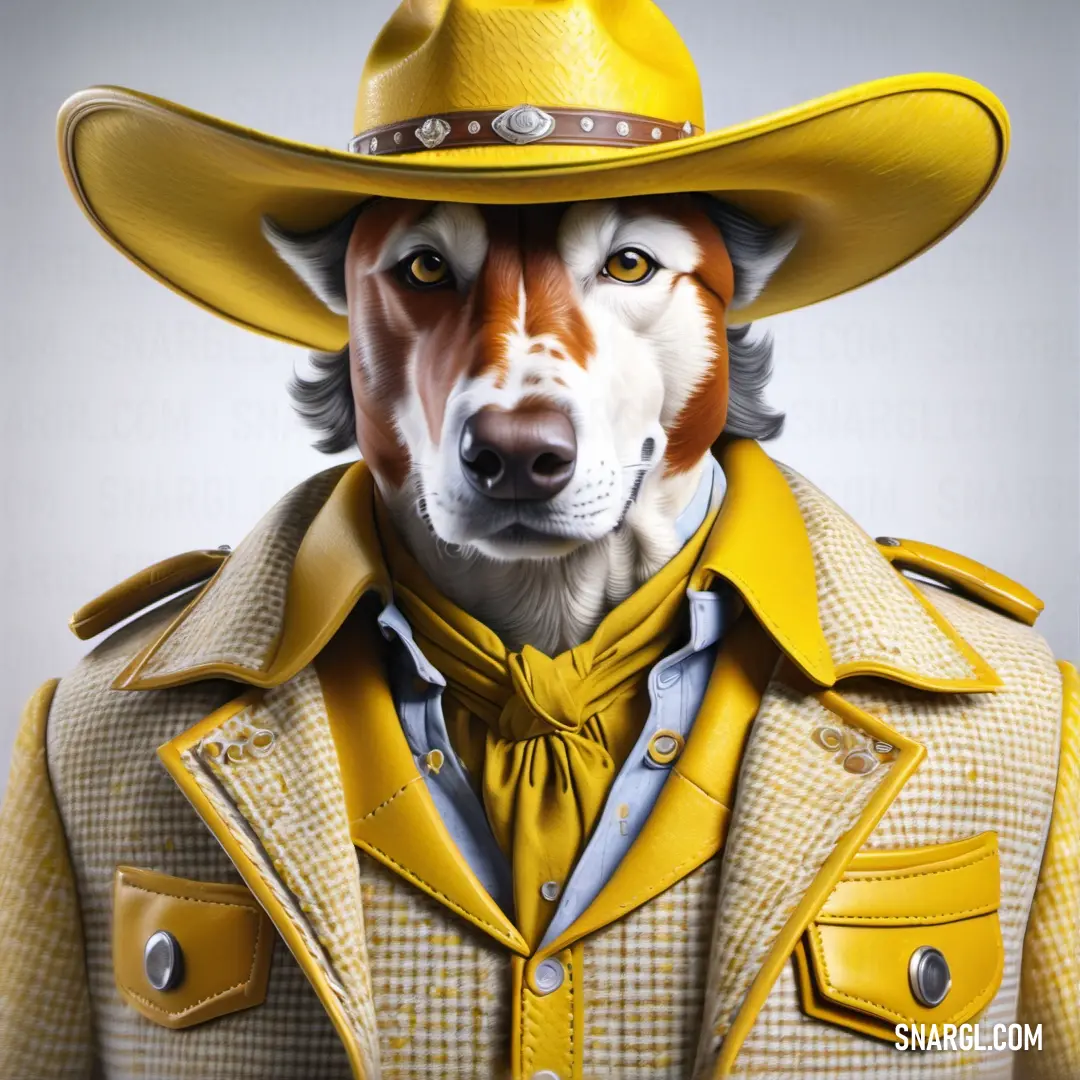 Dog wearing a yellow cowboy hat and a yellow jacket with a yellow collar and a white shirt
