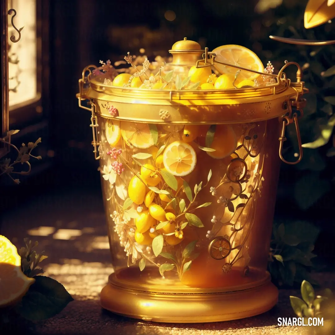 Golden bucket filled with lemons and lemon slices on a table next to a window
