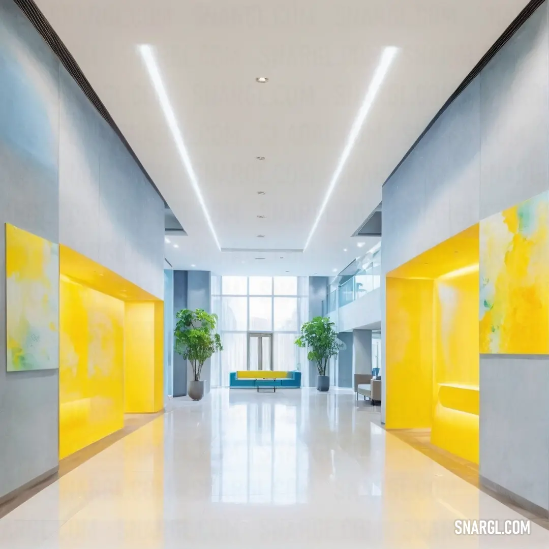 Large hallway with yellow and blue paintings on the walls and a bench in the middle of the room. Color Lemon.