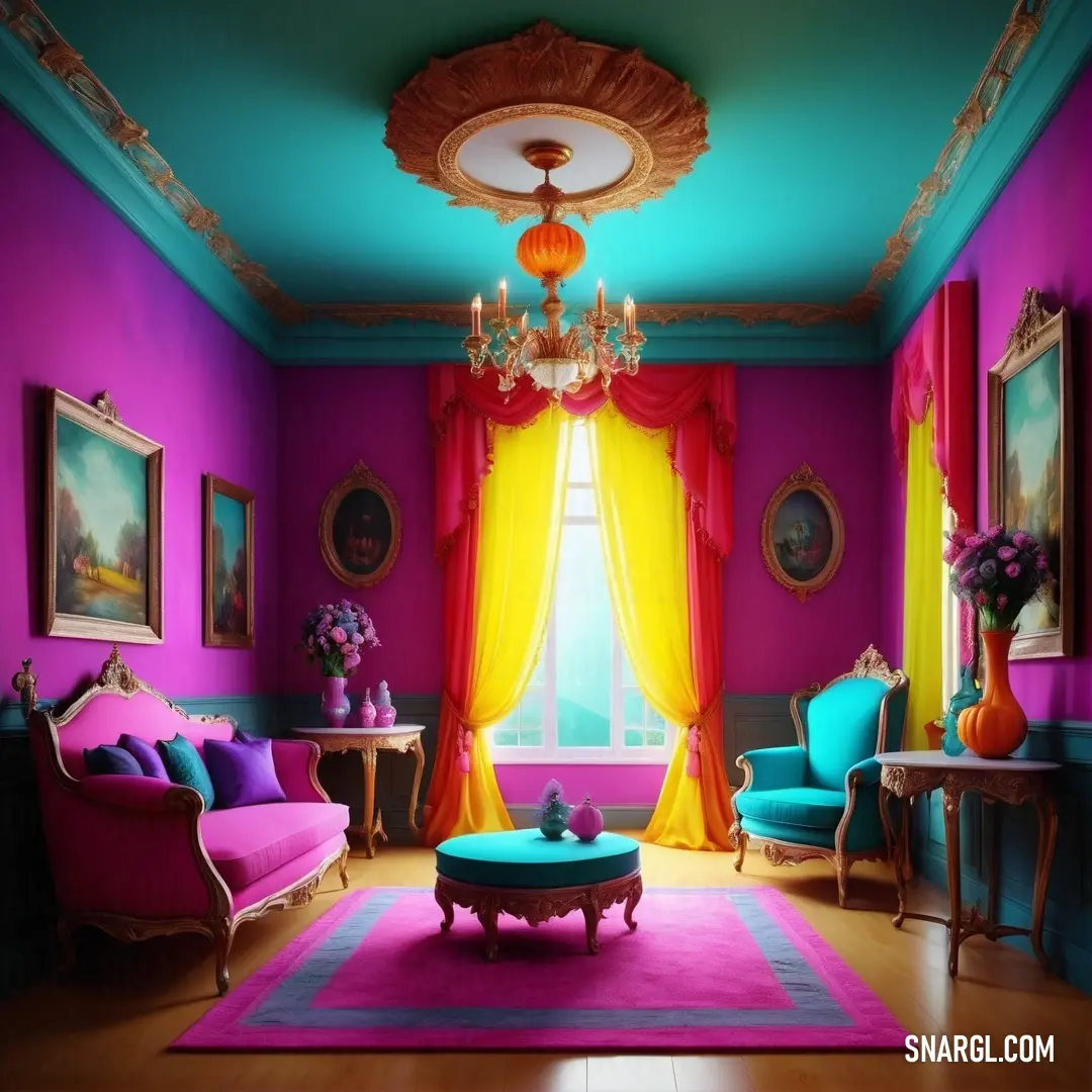 Living room with a pink and blue color scheme and a chandelier hanging from the ceiling and a pink rug on the floor