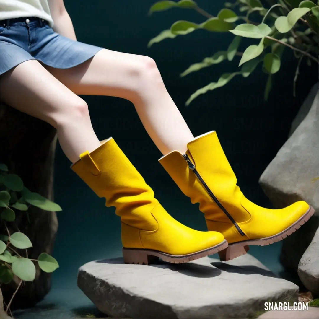 Lemon color. Woman on a rock wearing yellow boots and a white shirt and blue denim skirt and a green plant