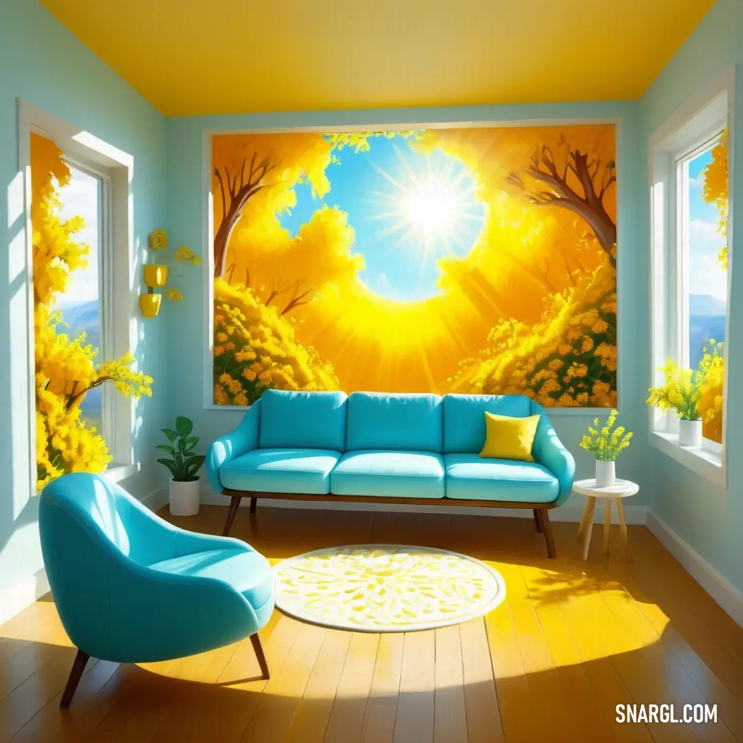 Living room with a blue couch and a painting on the wall behind it and a chair and a table. Example of RGB 255,247,0 color.