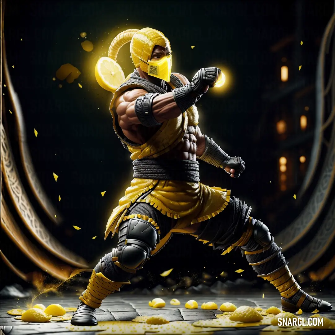 Man in a yellow and black costume is doing a kick with a yellow ball in his hand