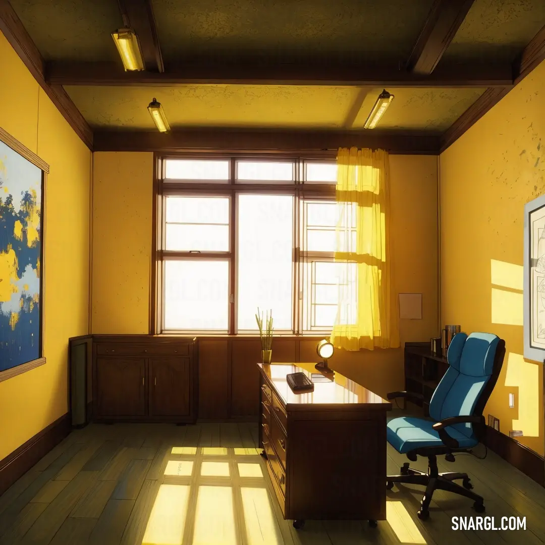 Room with a desk and a chair in it with a window and a painting on the wall behind it