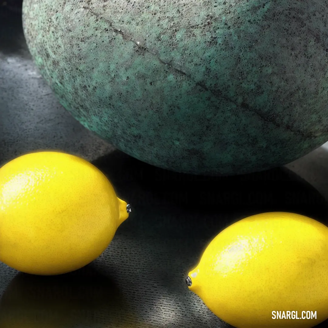 Two lemons are next to a large green vase on a table top with a black background