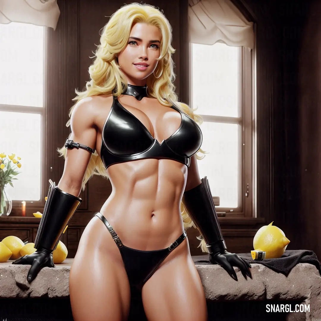 Woman in a bikini and leather gloves posing for a picture in a kitchen with lemons on the counter
