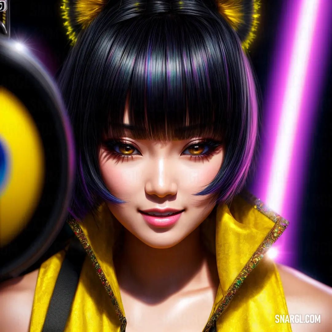 Lemon color. Woman with a cat ears and a yellow shirt with a black cat ears on her head and a yellow shirt with a blue