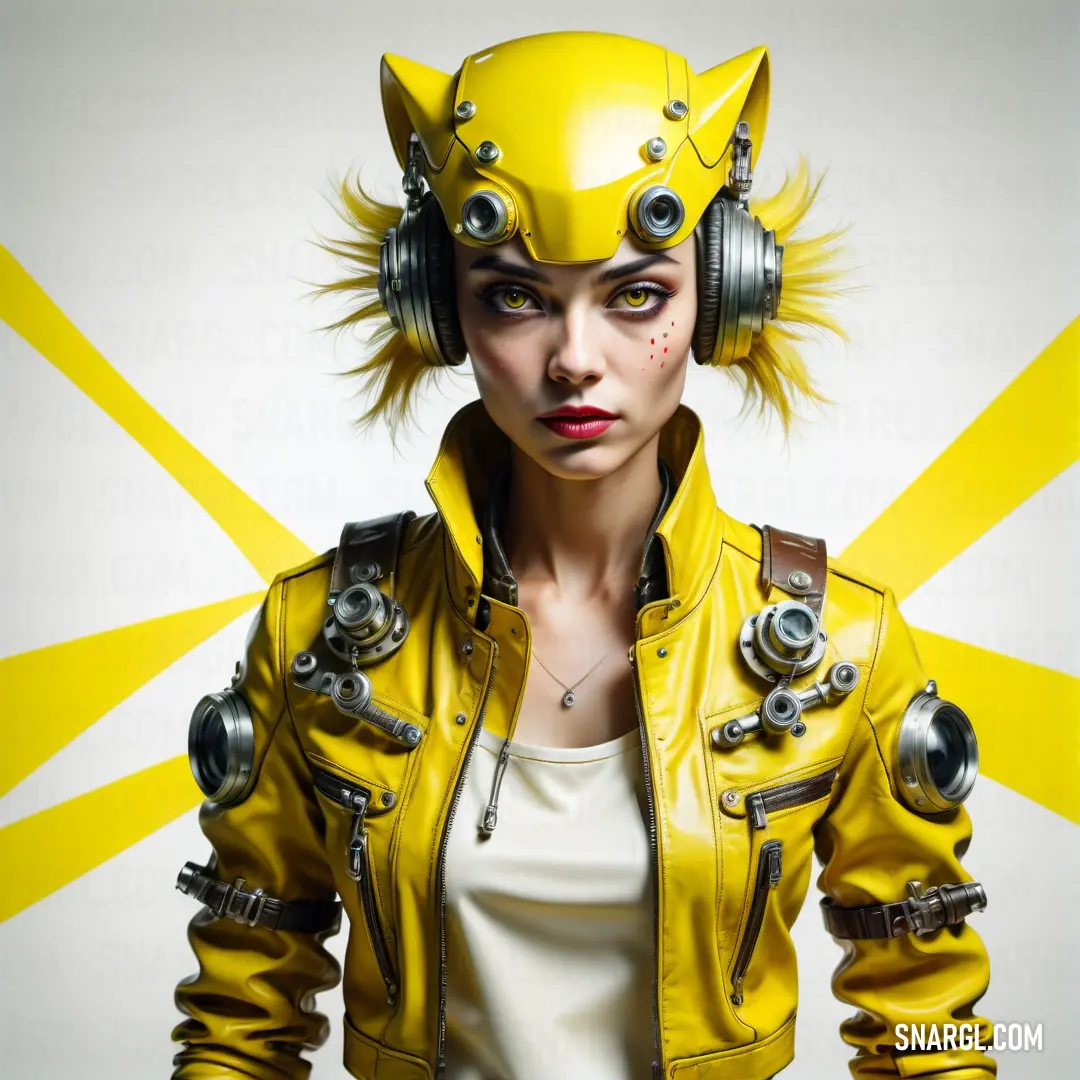 Lemon color. Woman with headphones and a yellow jacket on her head is wearing a yellow leather jacket