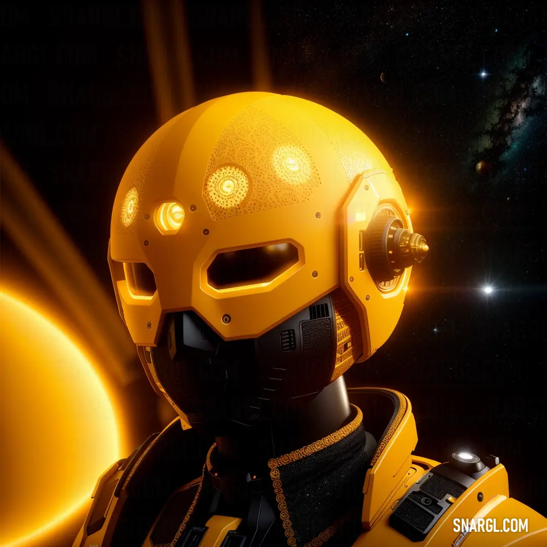Yellow robot with a black helmet and yellow lights on his face and a black background with a star