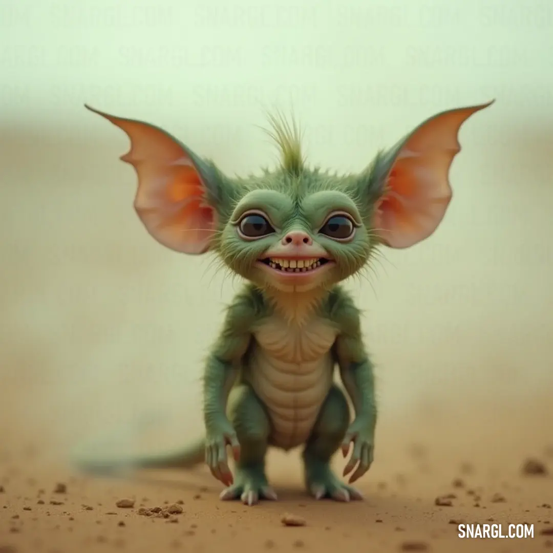 A charming small green Lenny with oversized ears and expressive eyes, comfortably resting on a sandy backdrop, radiating an aura of cuteness and tranquility. A cute small green Lenny with large ears and expressive big eyes, resting on a sandy terrain while the soft sunlight casts a warm glow over its adorable features.