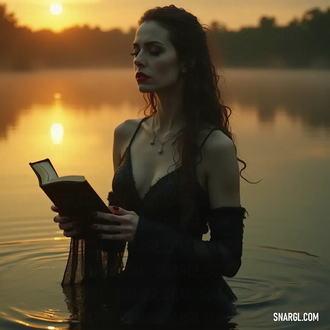 A tranquil figure reading by the water at sunset, enveloped in serene surroundings. A serene moment captured in nature, depicting a figure immersed in tranquil waters, engrossed in a book. The warm hues of sunset embrace the scene, reflecting a sense of peace and introspection amid the gentle waves.
