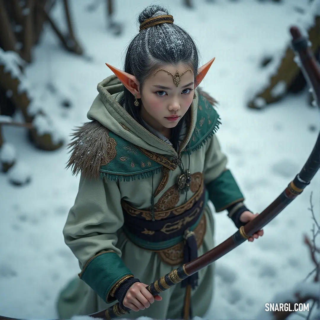 A fierce warrior, Lenwë, stands confidently in a snowy landscape, holding a bow ready for action. Her horned headpiece adds a mystical touch, blending seamlessly with the icy surroundings. Her costume flutters slightly in the cold wind as she prepares 