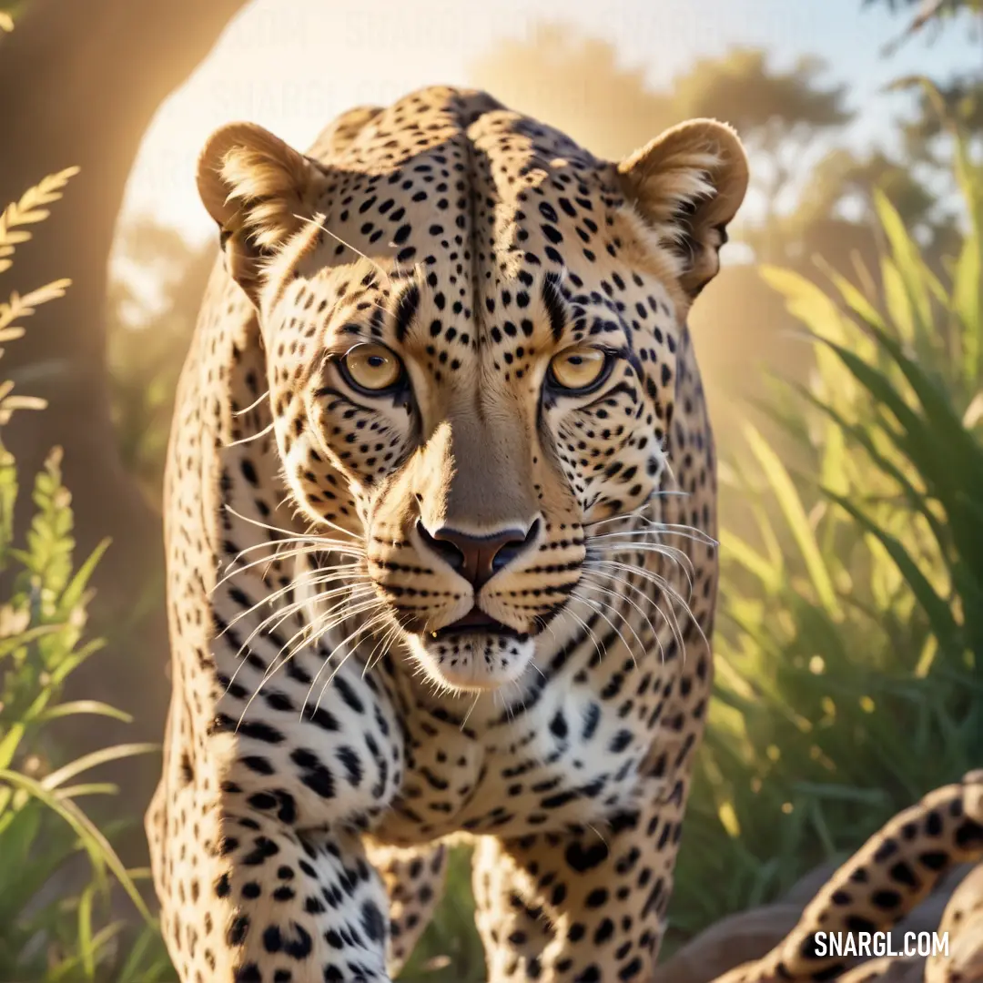 A leopard walks gracefully through a dense, green forest, its powerful body moving silently through the foliage. The thick trees and bushes create a lush, vibrant backdrop as the leopard blends into its environment.