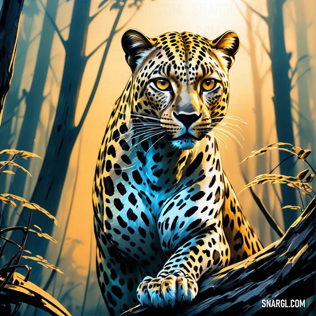 A leopard crouches on a tree branch, poised and alert, with a warm yellow light casting over the forest. The vivid colors of the scene highlight the grace and focus of the animal as it surveys its surroundings.