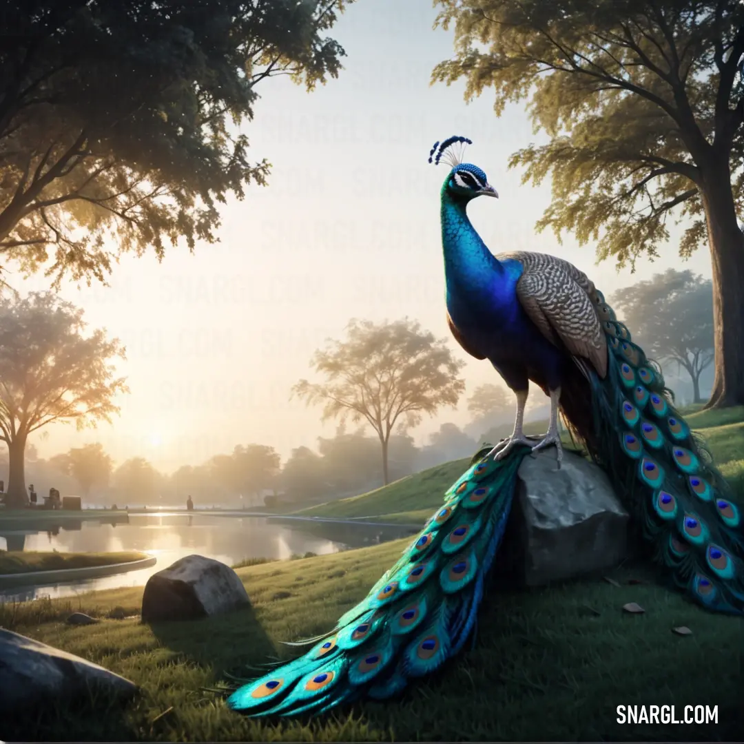 A peacock standing on a lush green field, its feathers in full display, with a serene lake and tall trees forming the perfect natural backdrop.