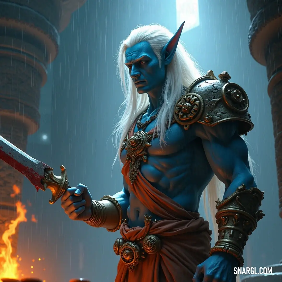 In a dramatic scene filled with swirling flames, a defiant figure in a vivid blue outfit brandishes a gleaming sword, showcasing strength and bravery against a backdrop of fierce heat and light. A fierce warrior in a striking blue ensemble stands amidst tumultuous flames, clutching a sword that glints in the fiery glow. The vivid contrast of her attire against the flames emphasizes her unyielding spirit and determination amidst chaos.