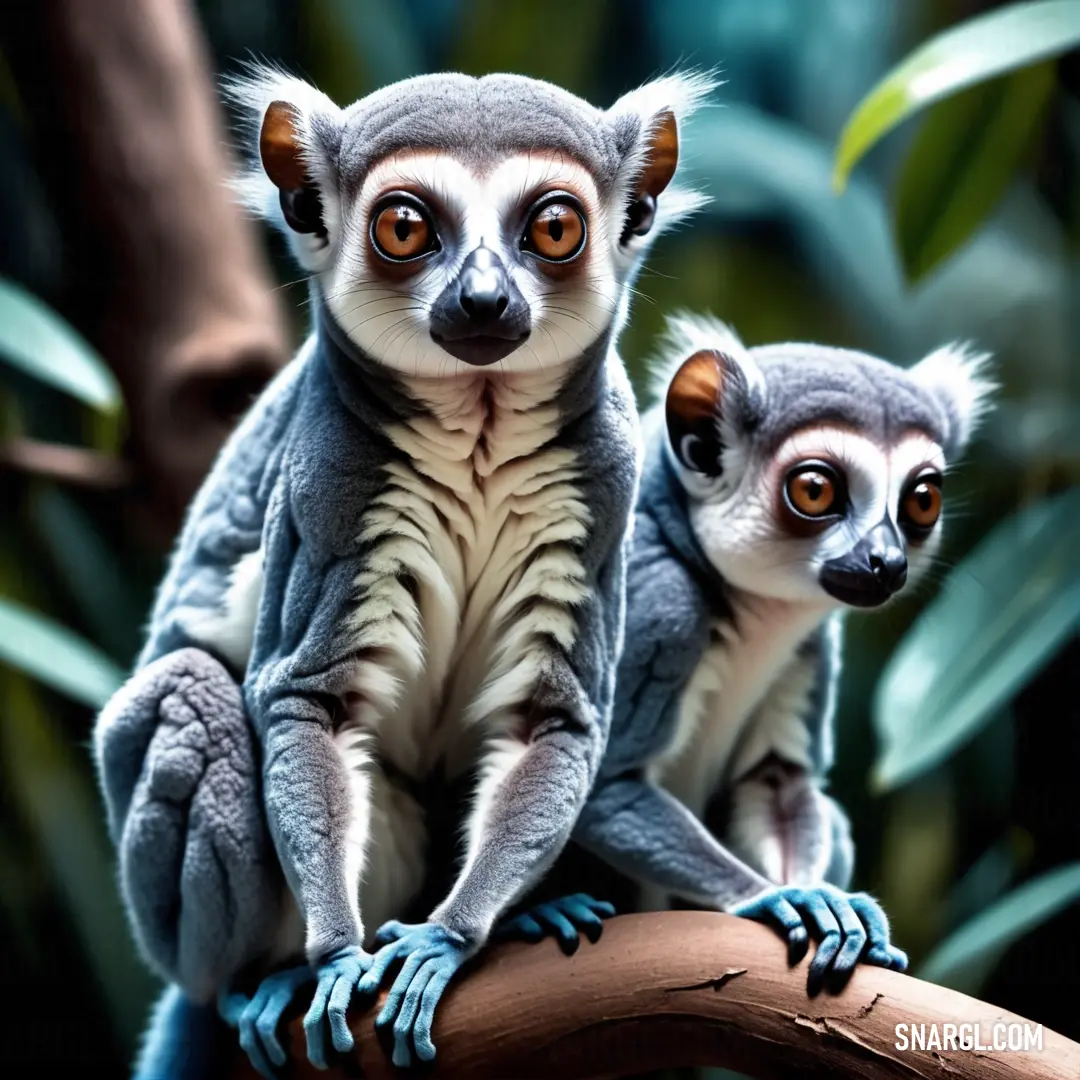 A pair of small animals resting together on a tree branch, surrounded by lush green leaves in the heart of the forest.