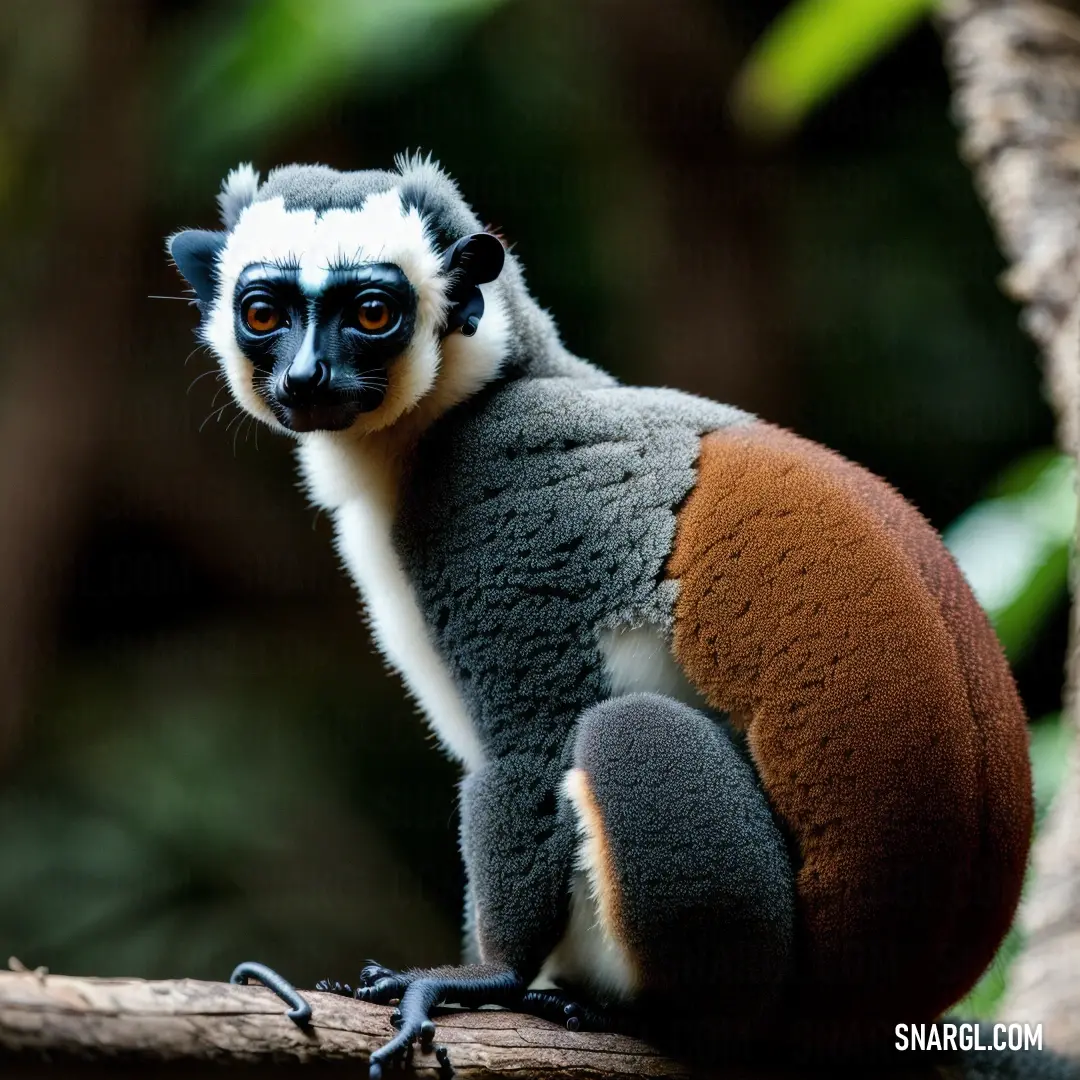 A small Lepilemur perched on a tree branch, with an expansive view of the forest filled with towering trees in the background.