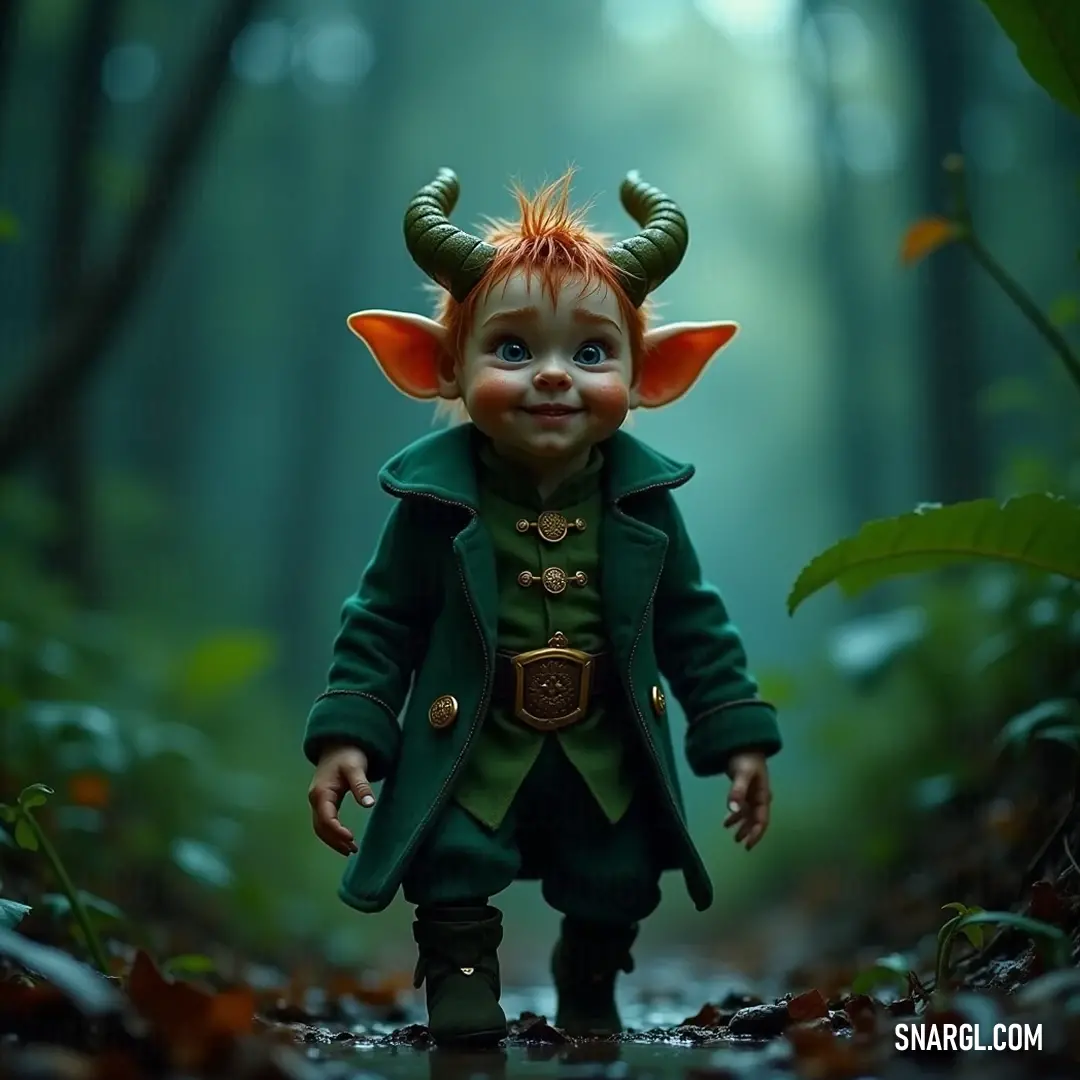 A playful Leprechaun dressed in colorful green attire with quirky horns embodies the spirit of folklore amidst a lively and earthy background. A whimsical red-haired Leprechaun clad in a vivid green outfit, complete with quirky horns, exudes a playful spirit as he stands against a rich, earthy backdrop, showcasing the magic of folklore in vibrant color.