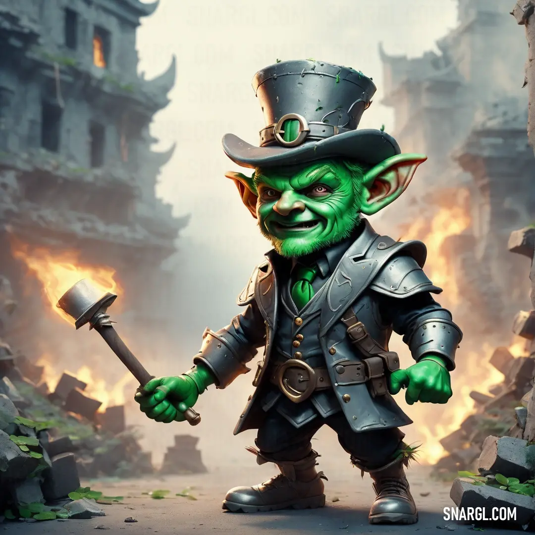 Leprechaun with a hat and a green outfit holding a hammer