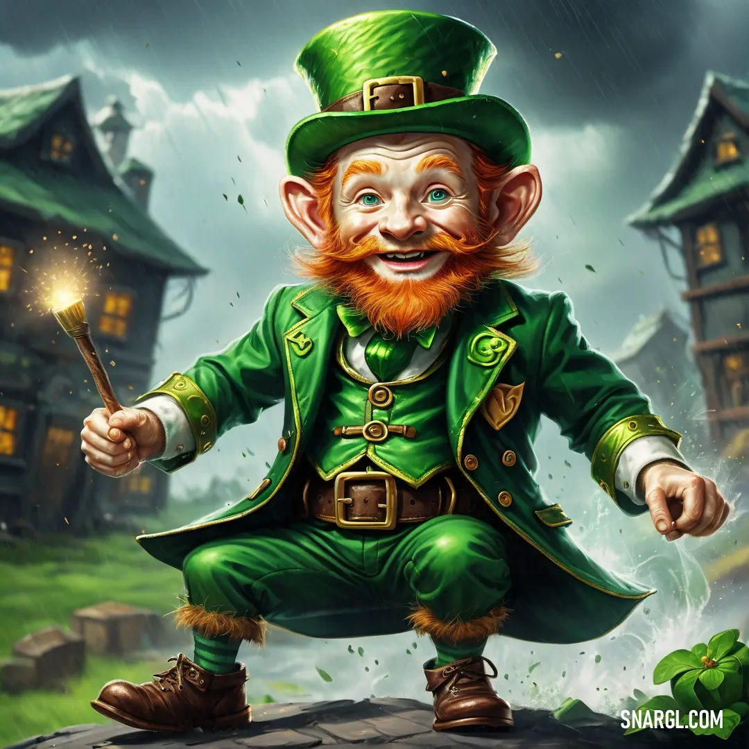 Cartoon leprezi male Leprechaun with a green hat and green pants holding a wand