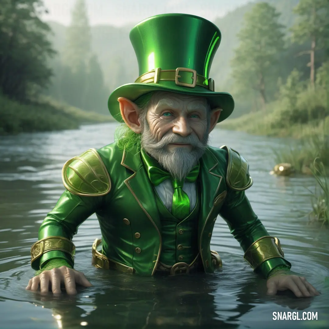 Leprechaun in a green suit and hat in water with trees in the background and a river in the foreground