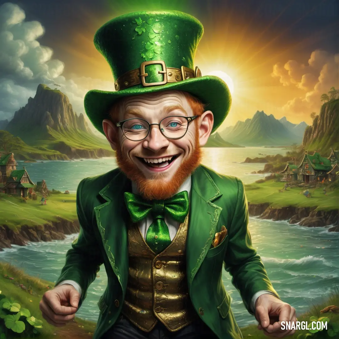 Leprechaun in a green suit and hat with a green beard and glasses on his face and a river in the background