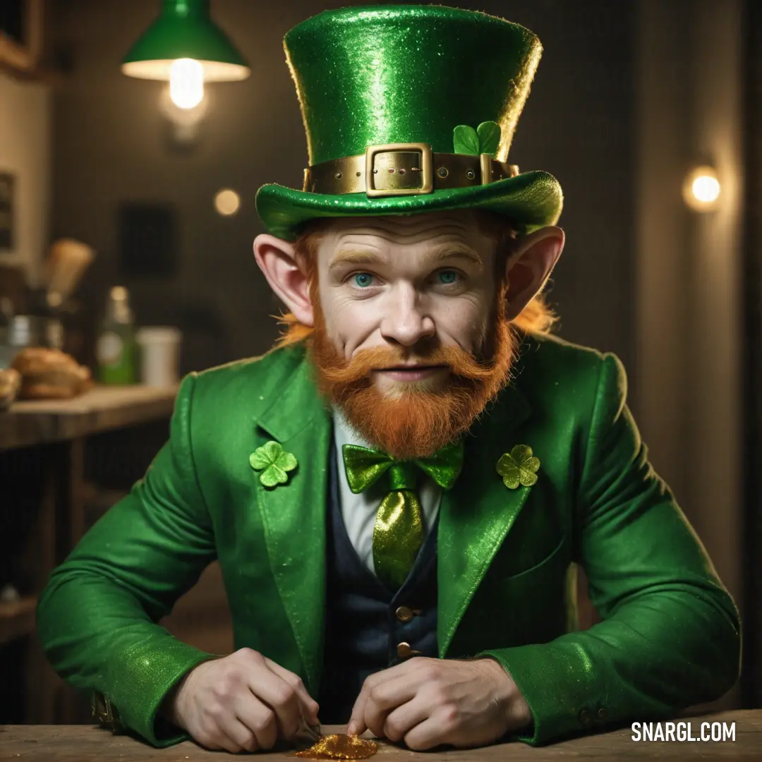 Man in a green suit and hat with a beard and a beard is at a table with a piece of food