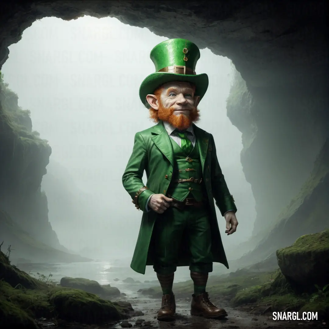 Man in a green suit and hat standing in a cave with a beard