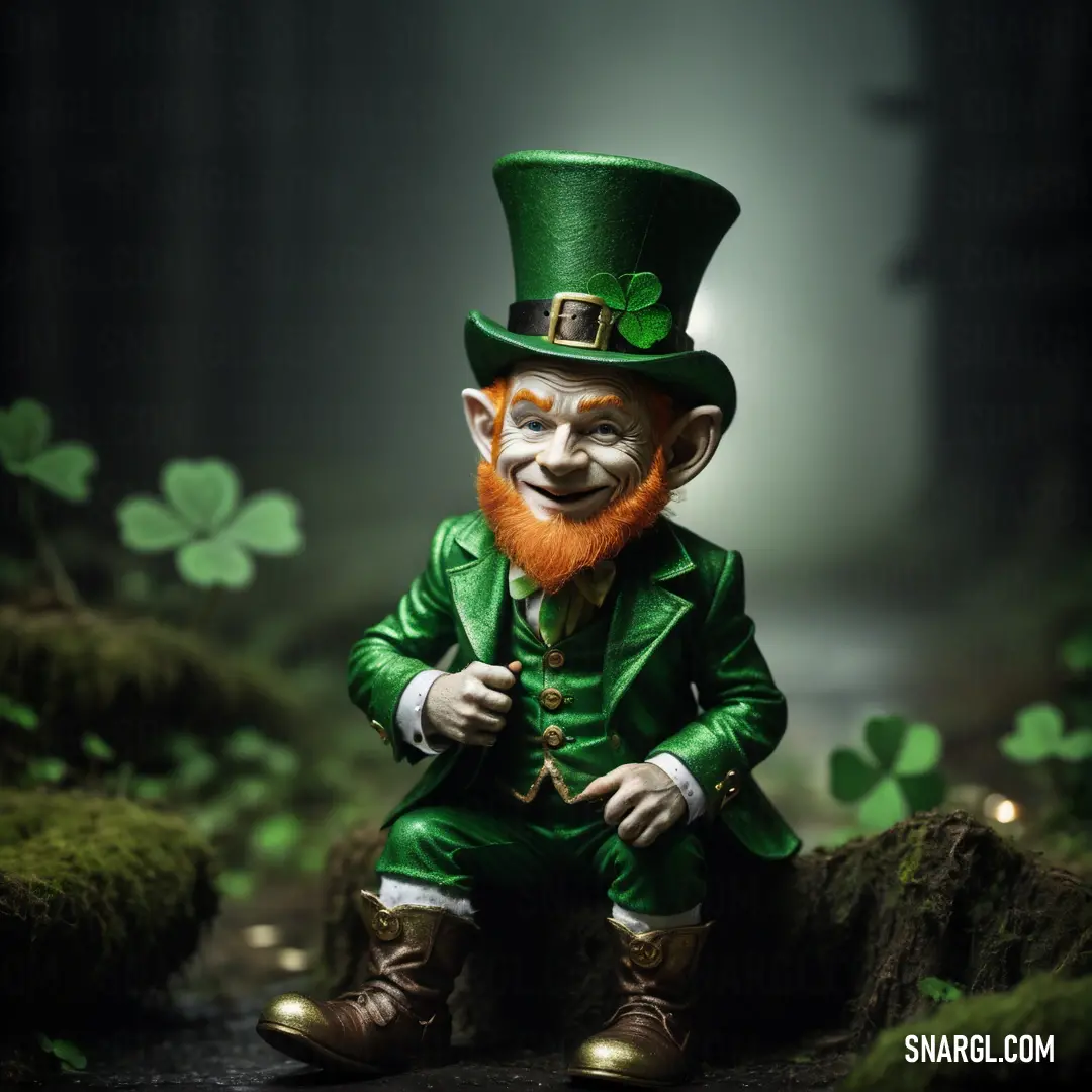 Small statue of a leprezi male Leprechaun on a rock in a forest with green leaves