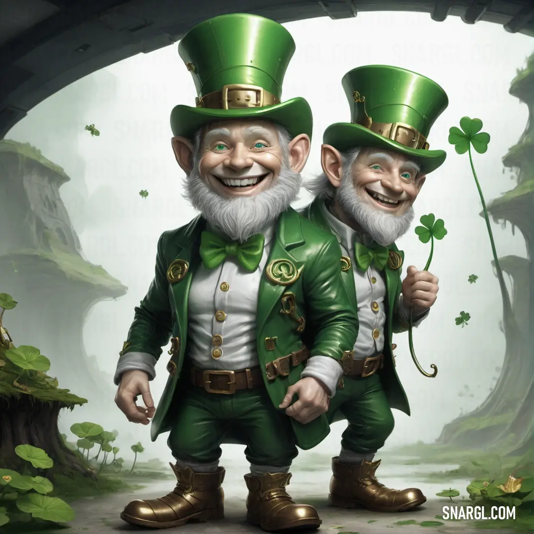 Two green leprezi men standing next to each other in a forest with clovers on their heads