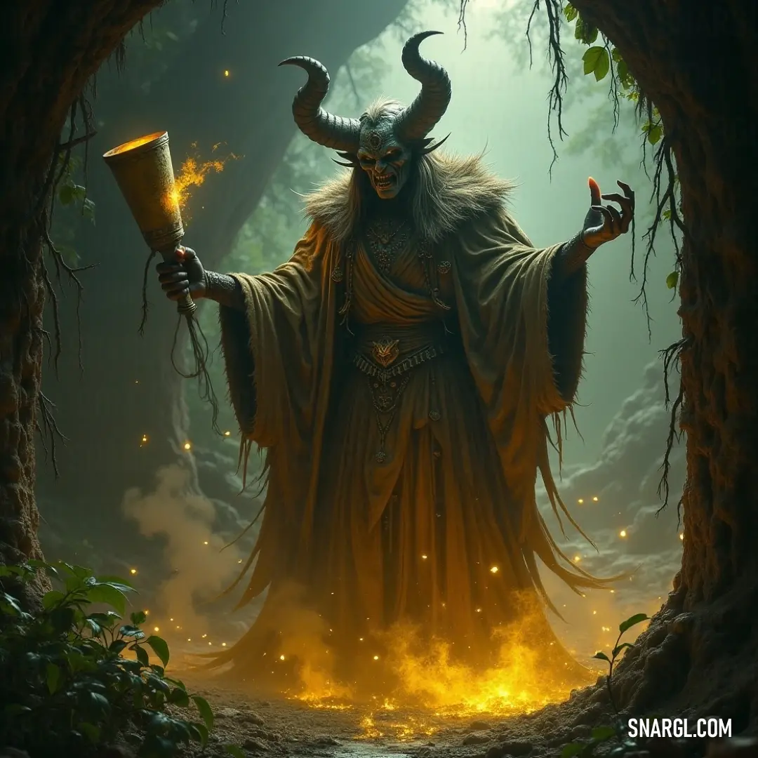 Leraje, the horned figure, wielding a mystical cup in a captivating display of power and tradition. A striking depiction of Leraje, adorned with prominent horns and a fierce horned head, as he holds a mystical cup aloft, surrounded by an enigmatic atmosphere that suggests power and ancient rituals.
