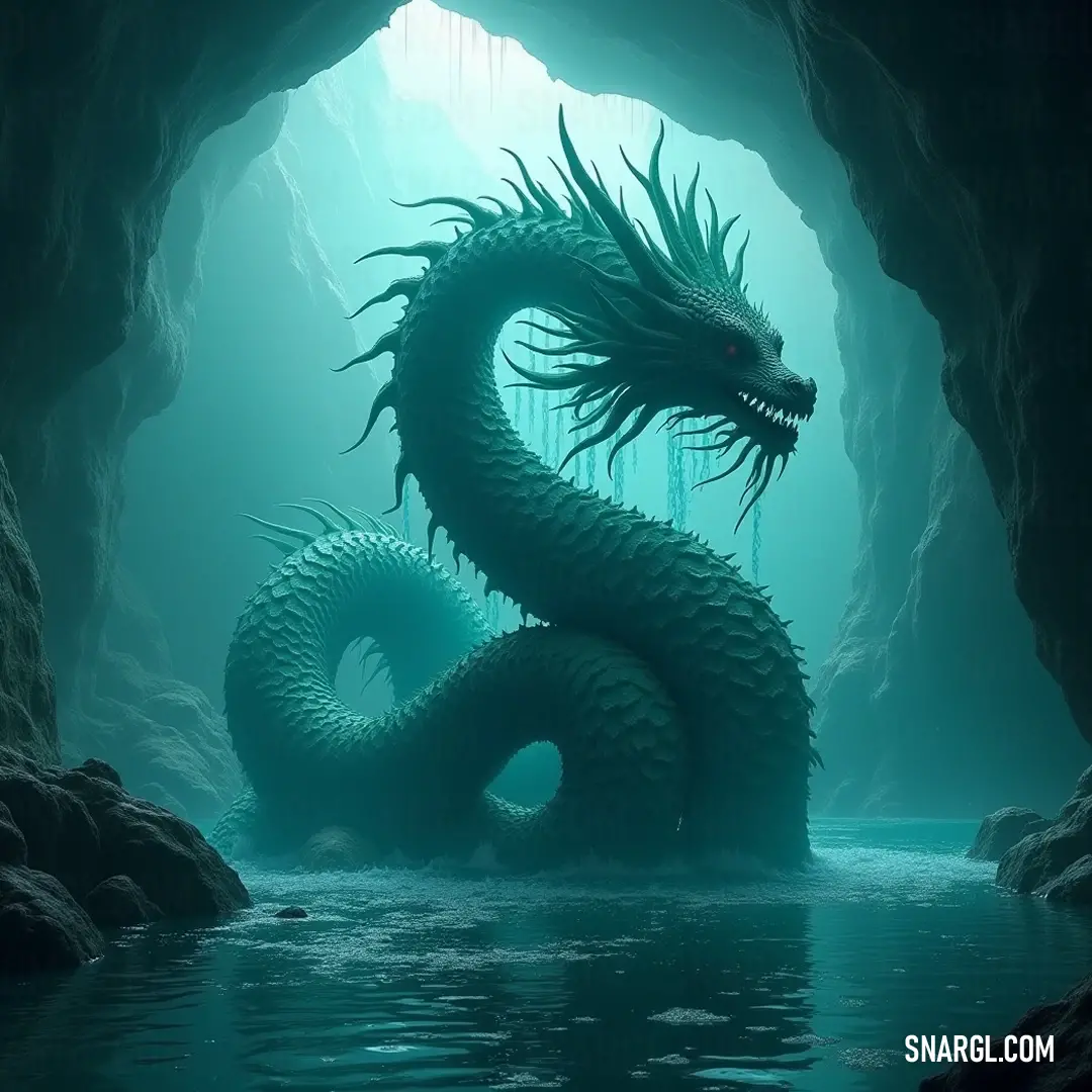 The fearsome Lernaean Hydra lying by the water's edge in a cave, its multiple heads adding to its enigmatic allure. The powerful Lernaean Hydra looms at the cave's edge, its numerous heads poised menacingly as it stares out over the shimmering water, exuding a sense of ancient mystery and fearsome beauty.