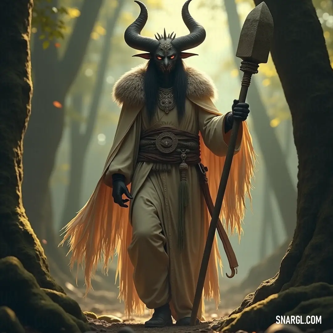 Majestic Leviathan holding a staff amidst a serene forest setting, flanked by trees and leaves. Leviathan, adorned with majestic horns, grips a staff firmly, exuding power within a tranquil forest. Trees tower on either side, their leaves whispering secrets as they frame the creature, embodying ancient myths and the spirit of nature.