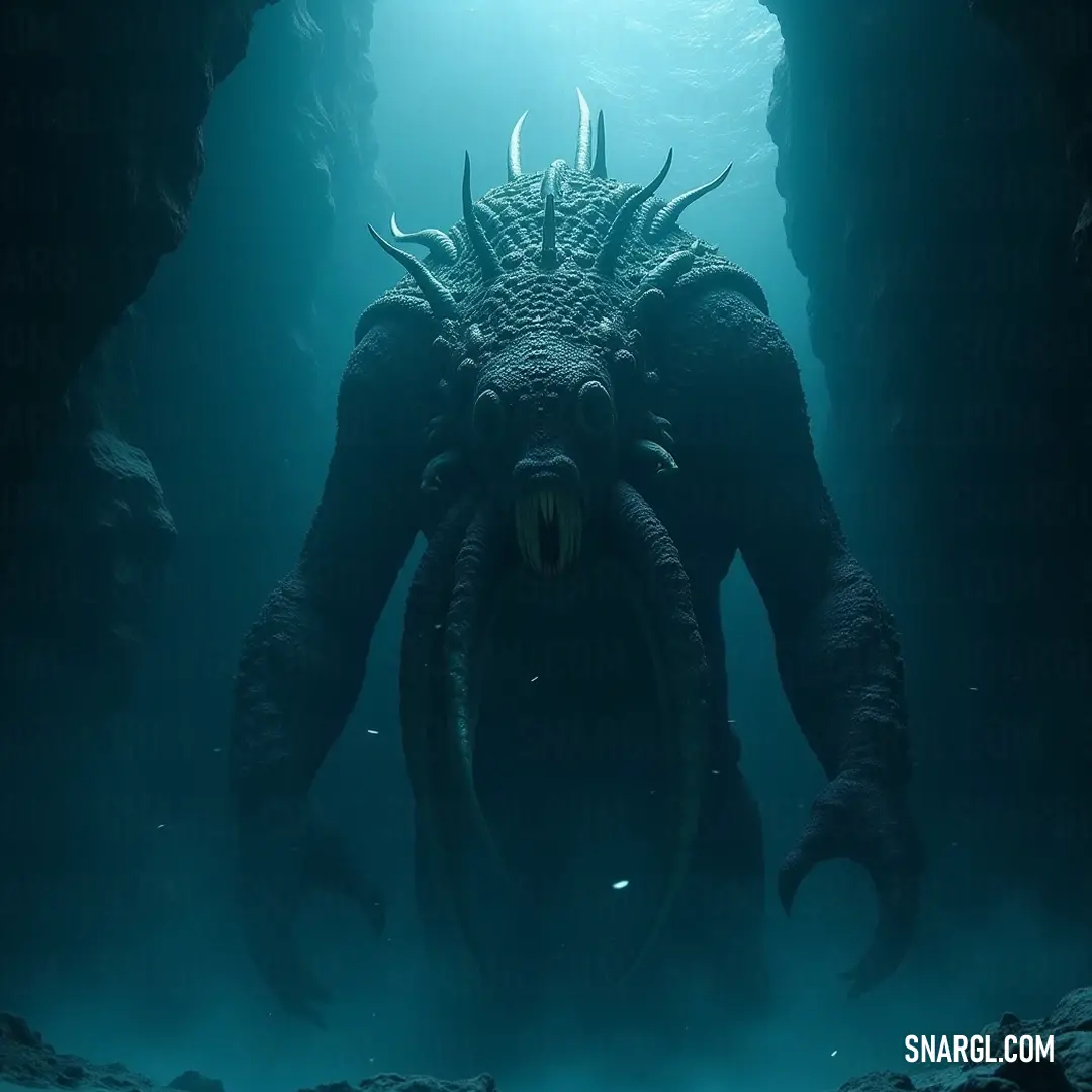 Beneath rocky outcroppings, a fearsome leviathan with razor-sharp teeth lurks in the shadows of a dimly lit cave, deep waters swirling violently around its powerful form.