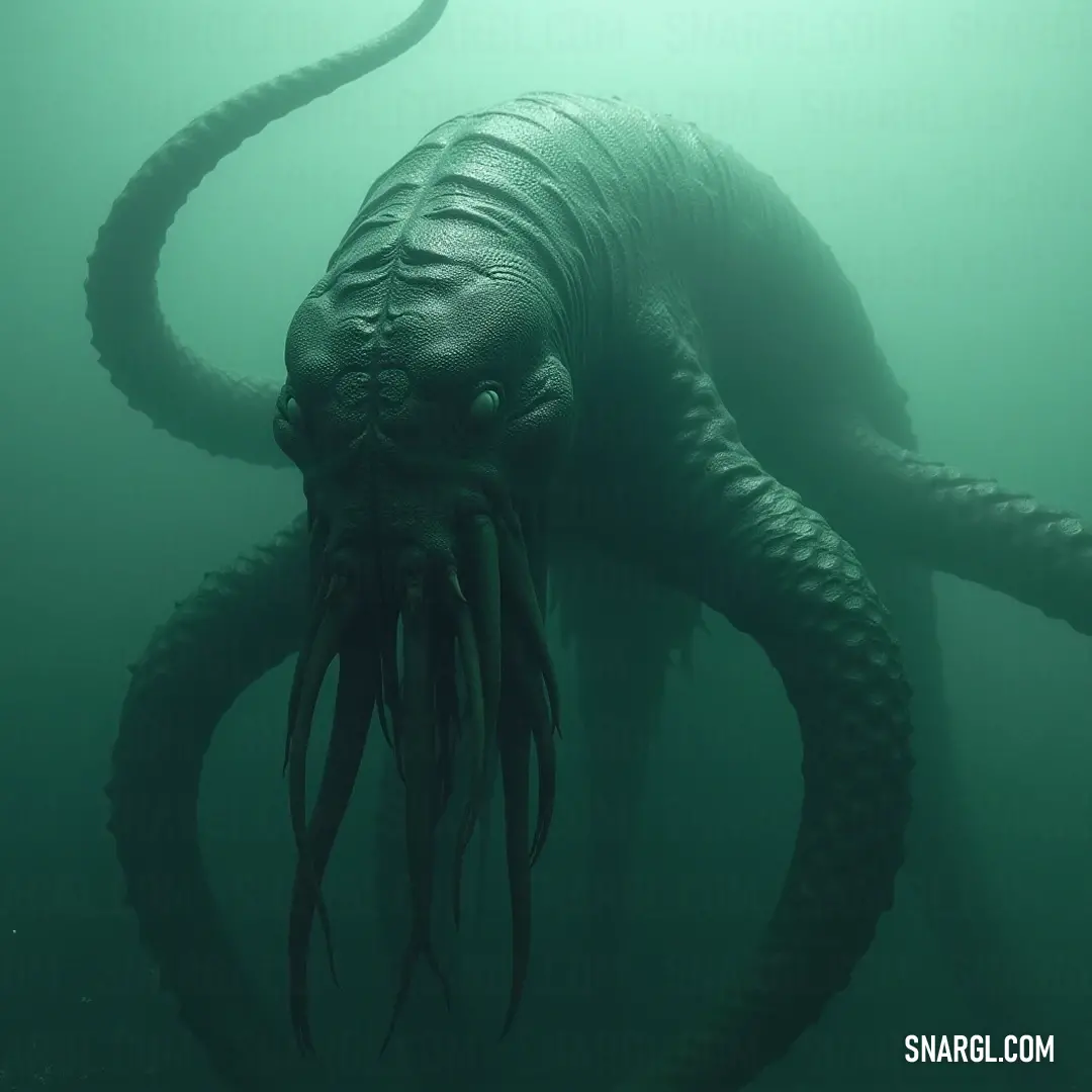 A magnificent giant squid glides effortlessly through the clear waters, its long, flowing tentacles reaching out gracefully, embodying the beauty and mystery of ocean life as it swims in harmony with its environment.