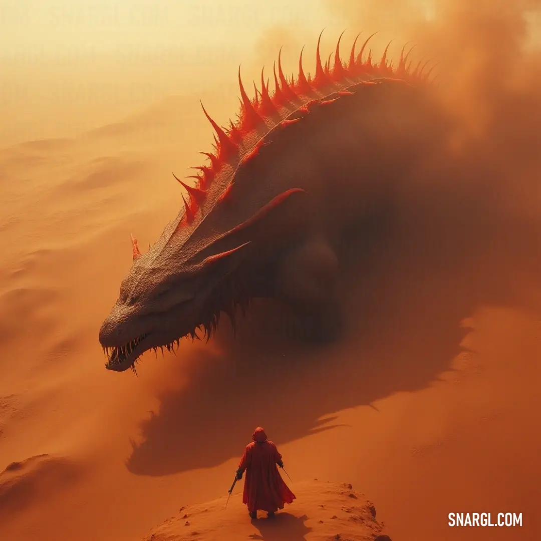 The magnificent Leviathan Apostle looms in a desolate desert, accompanied by a majestic dragon shadowing the sky, creating an awe-inspiring juxtaposition of power and solitude. The imposing figure of the Leviathan Apostle stands in a vast desert, flanked by a menacing dragon soaring above, its spiked head contrasting beautifully with the vivid red cape billowing in the wind.