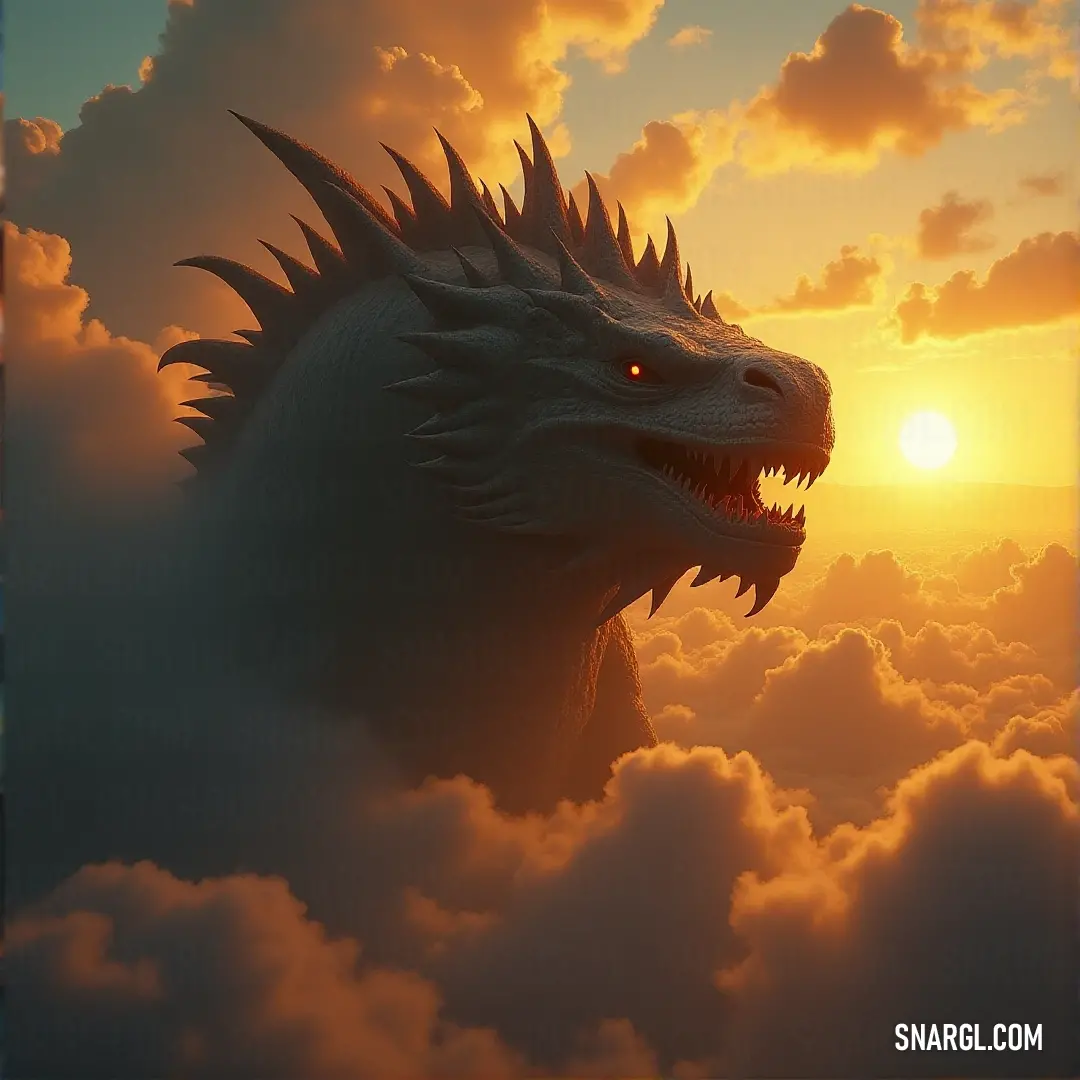 The mighty head of the Leviathan Conqueror emerges from the clouds at sunset, its menacing gaze cutting through the golden glow of the setting sun.