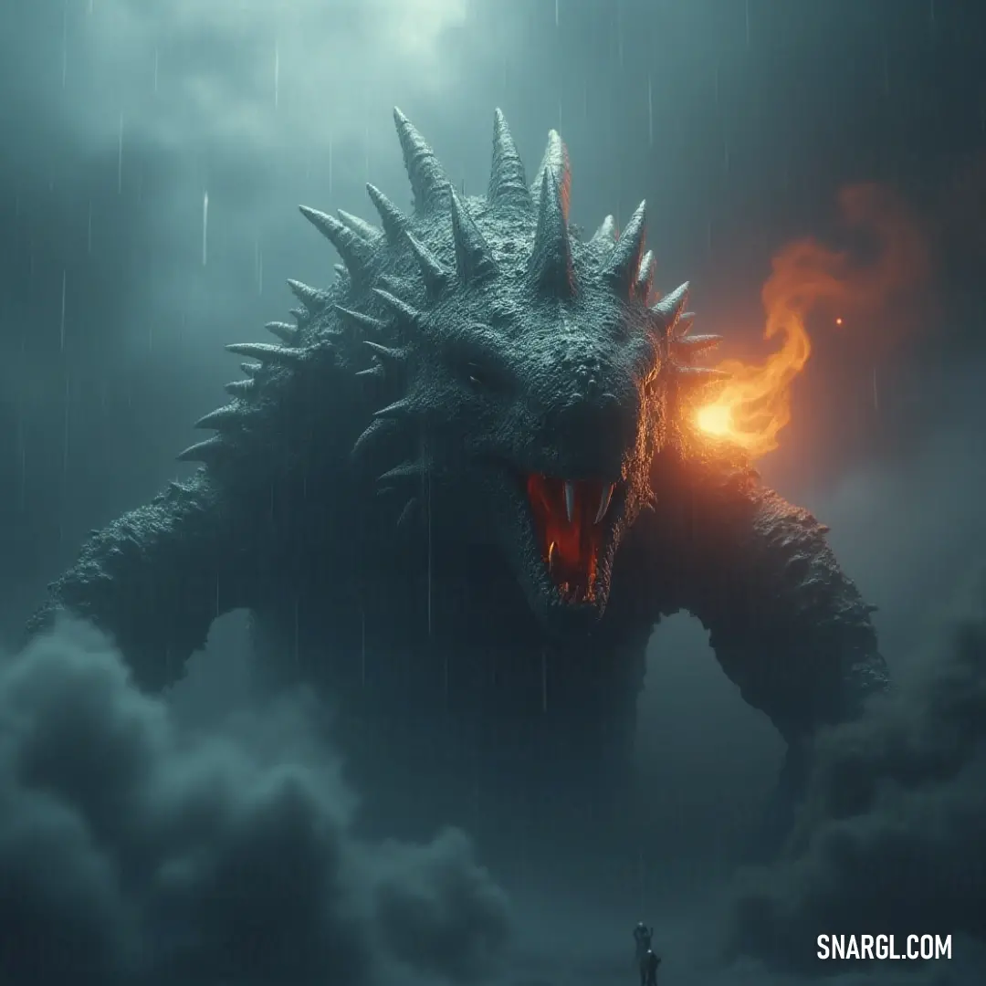 Godzilla unleashes its fiery wrath, towering against a stormy sky, with fire in its mouth and rain pouring down. The legendary Godzilla roars with fire erupting from its mouth, standing tall against a stormy backdrop of dark clouds and heavy rain. The beast towers over the landscape, an unstoppable force of nature.