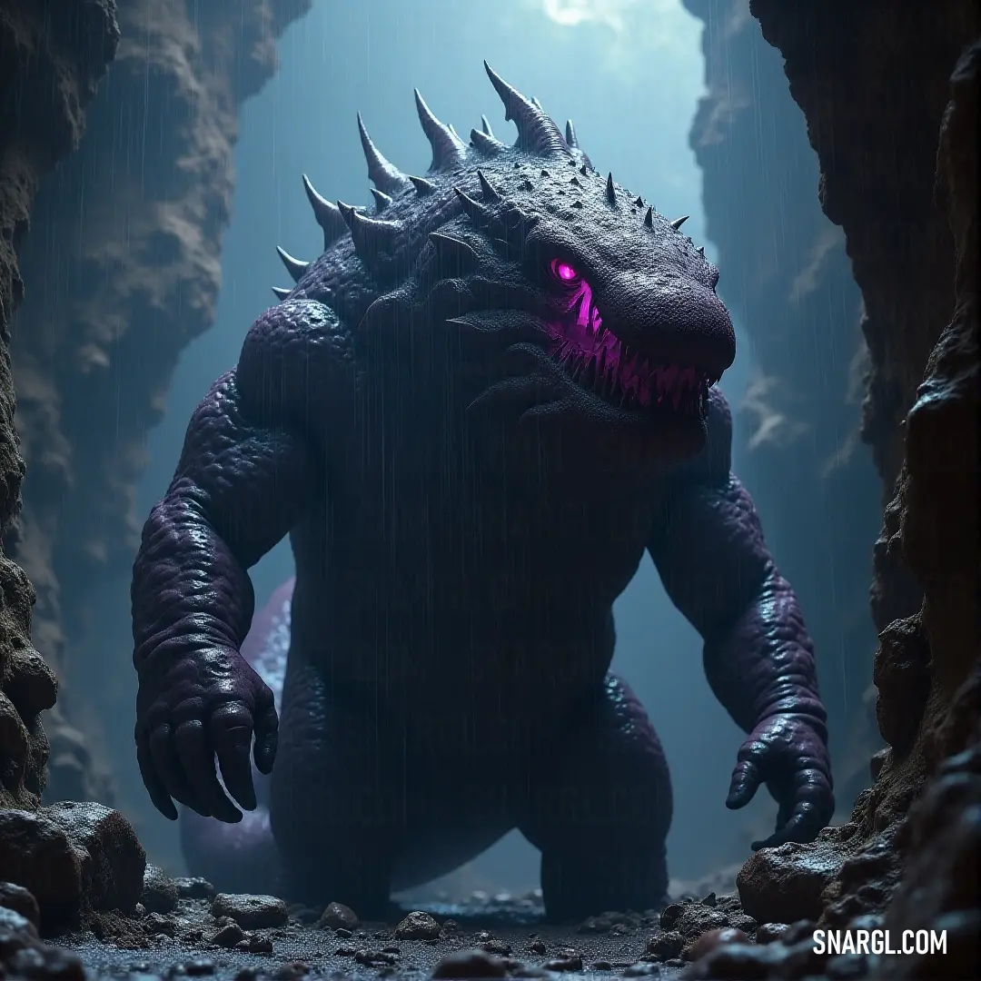 Godzilla, standing in a cave, with glowing red eyes and purple light casting an eerie glow from the darkness. Godzilla, towering and fierce, stands in a dark cave, its eyes glowing a fiery red while purple light emanates from the depths, casting an ominous glow.