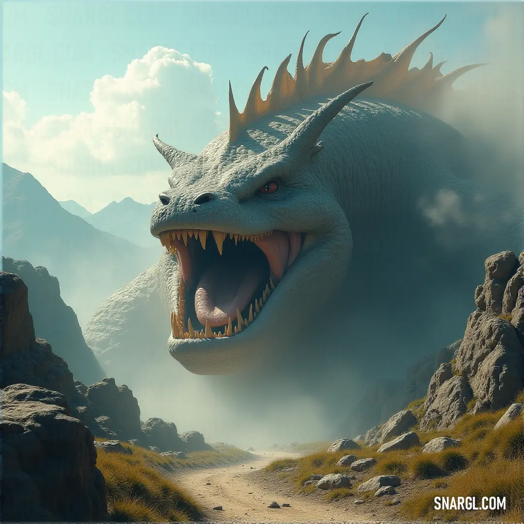 A fearsome White Leviathan Devourer with its mouth open wide, teeth exposed, traveling a rugged dirt road through a mountainous area. A colossal White Leviathan Devourer prowls a dirt road in a mountainous region, its mouth open wide and teeth bared in a terrifying display.