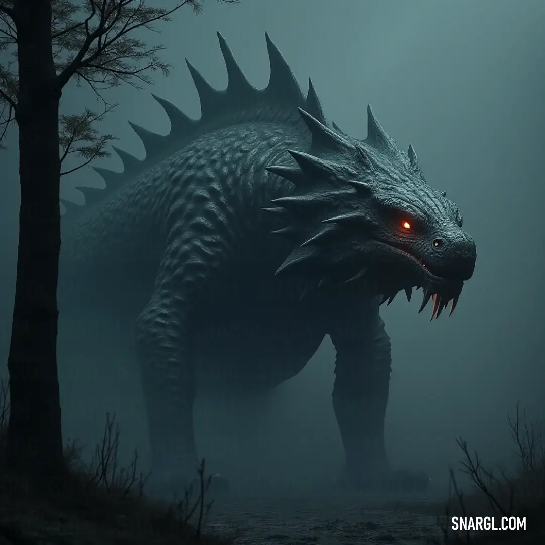 In the heart of a foggy forest at night, a colossal, glowing-eyed creature looms, its massive form striking against the dim light of the trees and fog. A giant, glowing-eyed creature resembling Godzilla stands ominously in a dark, fog-filled forest, towering above the misty trees under the night sky.