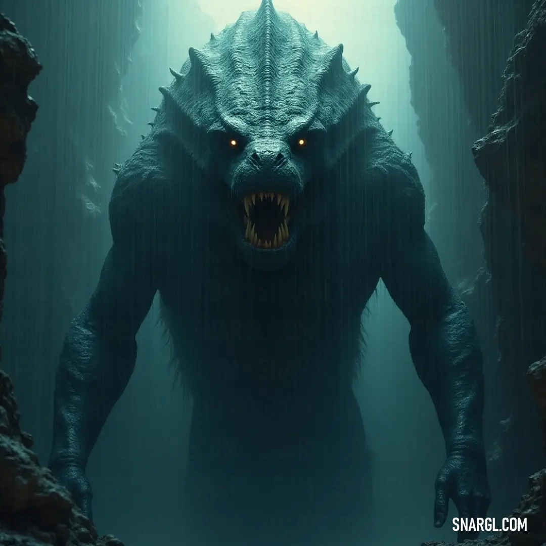 An awe-inspiring giant: Inside a shadowy cave, the Leviathan Giant reveals its ferocity and delicate beauty, captured in striking contrast by the interplay of light and shadow. In a dimly lit cave, a colossal Leviathan Giant with fierce glowing eyes and an enormous gaping mouth is partially illuminated by a brilliant light, creating an uncanny atmosphere that blurs the lines between serenity and danger.