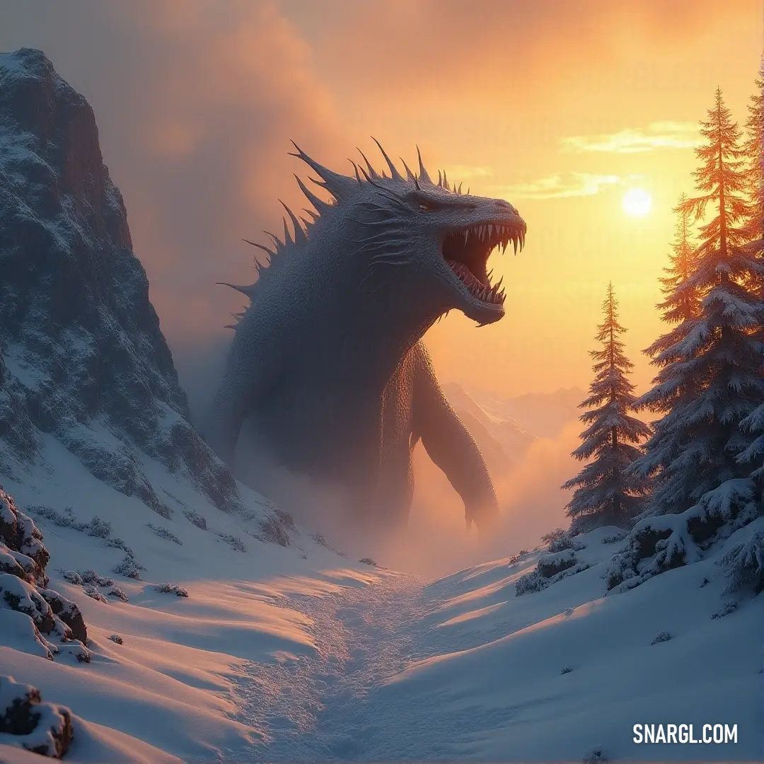Godzilla walks through a snowy landscape, with snow-covered mountains and pine trees surrounding the chilling winter scene. Godzilla trudges through the snow, its massive form cutting through the icy landscape. The snow-covered mountain looms in the background, with pine trees dotting the wintry scene.