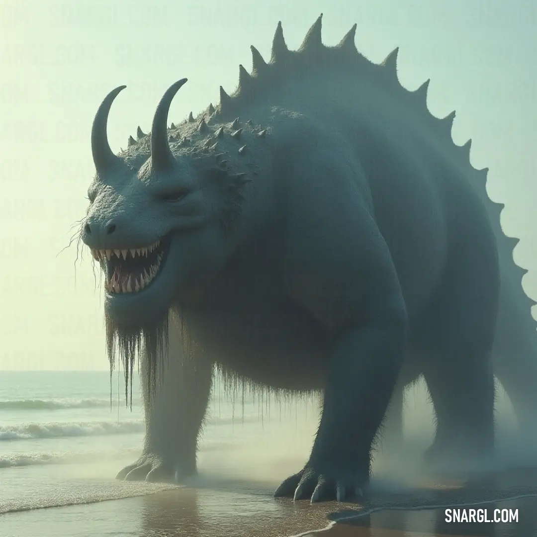 On a windswept beach, a powerful Leviathan Hunter with immense horns sits poised in the surf, blending the ferocity of nature with the calmness of the ocean's embrace. A formidable Leviathan Hunter strides confidently along a foamy beach, its large horns and sharp teeth catching the light, while the inviting ocean waves crash gently in the background, creating an exhilarating blend of danger and tranquility.
