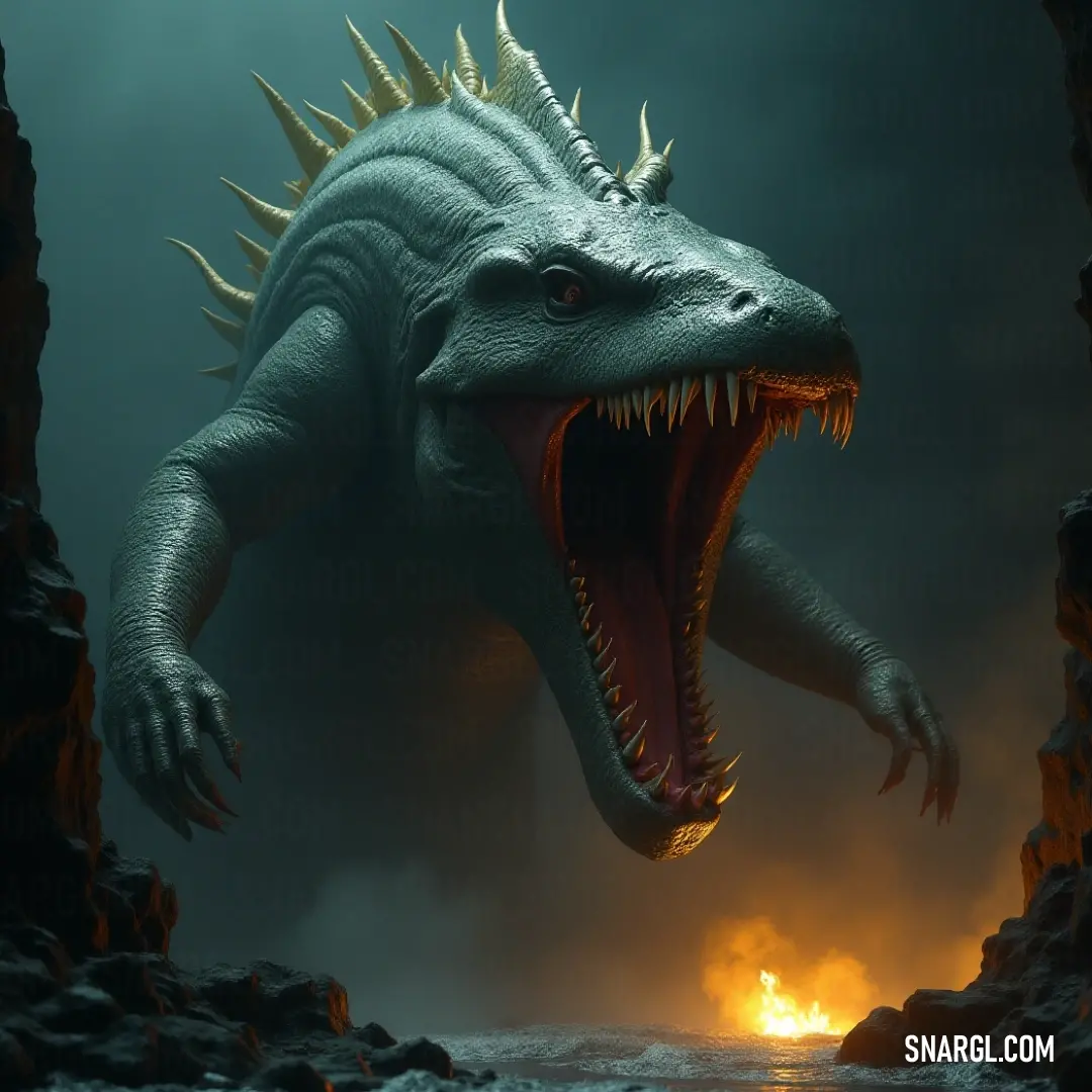 Leviathan maw with sharp teeth, surrounded by intense flames, creating a fearsome and fiery scene. A Leviathan's open maw, full of sharp teeth, emerges from a fiery backdrop. The blazing flames illuminate the terrifying creature as it threatens to devour everything in its path.