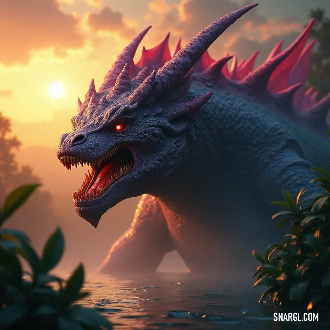 Leviathan maw with glowing red eyes and sharp teeth, emerging from the water at sunset, with a tree in the distance. A giant Leviathan maw rises from the water, its menacing red eyes and razor-sharp teeth gleaming in the fading light of sunset. The silhouette of a lone tree in the background adds to the eerie tranquility of the moment.