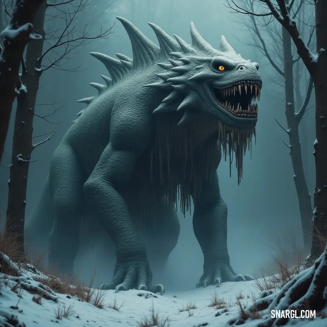 In a picturesque snowy forest, the Large Leviathan Sentinel stands regal, its elongated neck and sharp teeth breaking the pristine white surroundings, portraying a vivid harmony of mythical presence and tranquil winter awe. In a snowy forest, a Large Leviathan Sentinel flaunts its elegant long neck and sharp teeth, surrounded by frosty trees and bushes, creating a striking contrast that emphasizes both its beauty and ferocity in this serene winter wonderland.