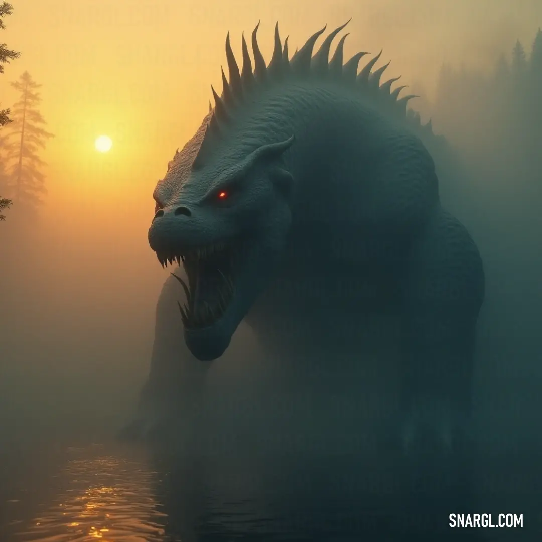 Bathed in the warm hues of sunset or dawn, a colossal Godzilla with its mouth widely open emerges from the water, a true icon of power set against a magnificent sky. Against the backdrop of a stunning sunset or dawn, a giant Godzilla stands proudly in the shimmering water, its mouth agape, embodying the power and mystique of one of nature's most iconic creatures.